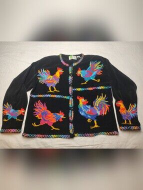 Design Options Philip Jane Gordon Large Cotton Rooster Sweater Cardigan Black